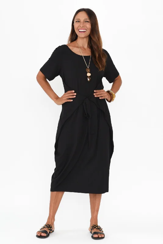 Midi dresses with mesh inserts for a trendy and breathable option Tidal Black Layered Bamboo Dress Midi dresses with mesh inserts for a trendy and breathable option Tidal Black Layered Bamboo Dress