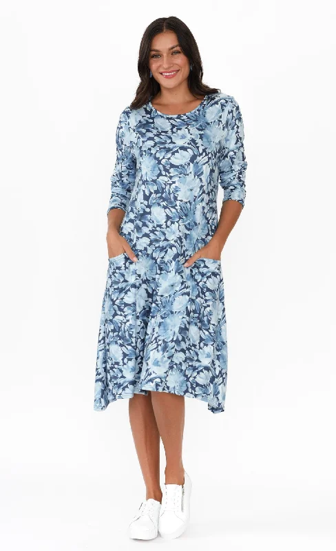 Midi dresses with cotton - blend materials for everyday comfort Pamina Navy Floral Pocket Dress