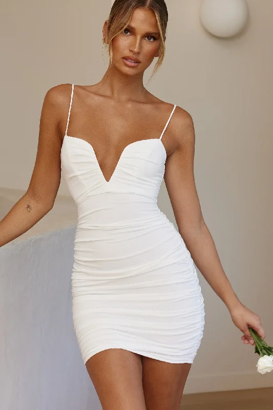 Mini dresses with gathered skirts for a voluminous effect Good Vibes Cami Strap Deep V-Neckline Ruched Mini Dress White