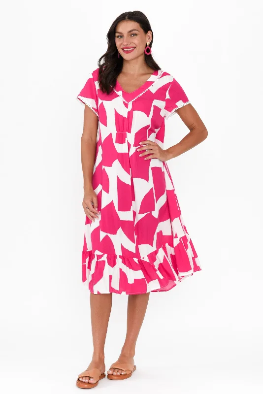 Maxi - inspired midi dresses with flowing fabrics for a beachy vibe Karlie Pink Abstract V Neck Dress