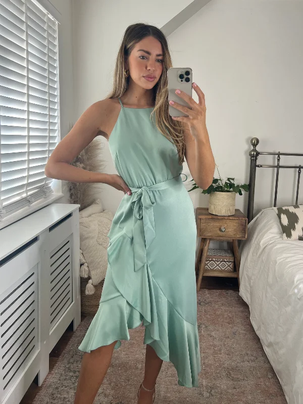 Sheath midi dresses with beaded embellishments for a formal occasion Ariana Halter Frill Dress / Sage Sheath midi dresses with beaded embellishments for a formal occasion Ariana Halter Frill Dress / Sage