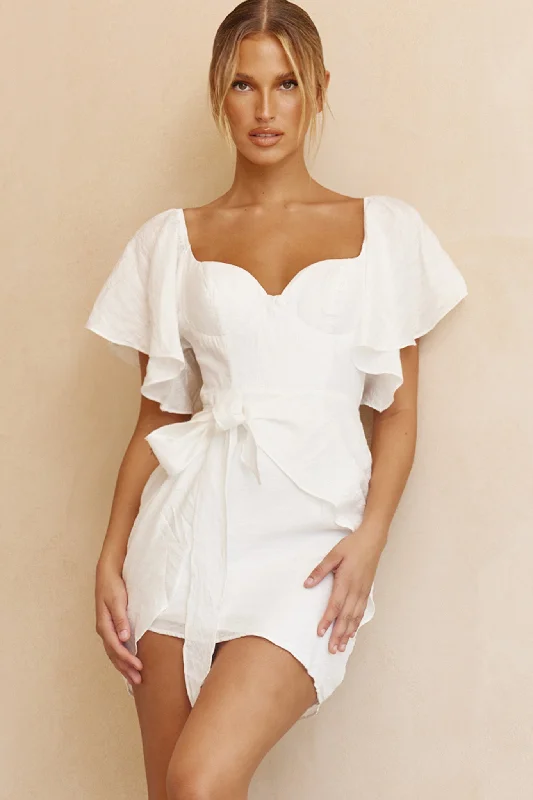 Sheer mini dresses with lace inserts Aphrodite Molded Bust Angel Sleeve Wrap Dress White