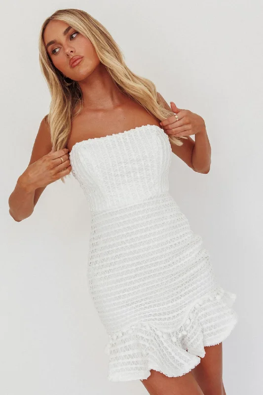 Mini dresses with tassel accents for a fun touch Zoey Lace Overlay Strapless Flounce Hem Mini Dress White Mini dresses with tassel accents for a fun touch Zoey Lace Overlay Strapless Flounce Hem Mini Dress White