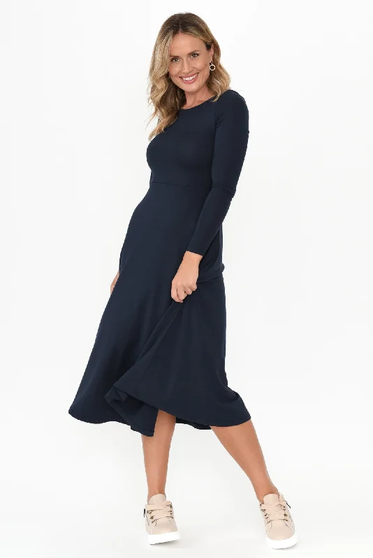 Midi dresses with pom - pom trims for a playful and festive look Olivia Dark Navy Bamboo Sleeved Dress Midi dresses with pom - pom trims for a playful and festive look Olivia Dark Navy Bamboo Sleeved Dress