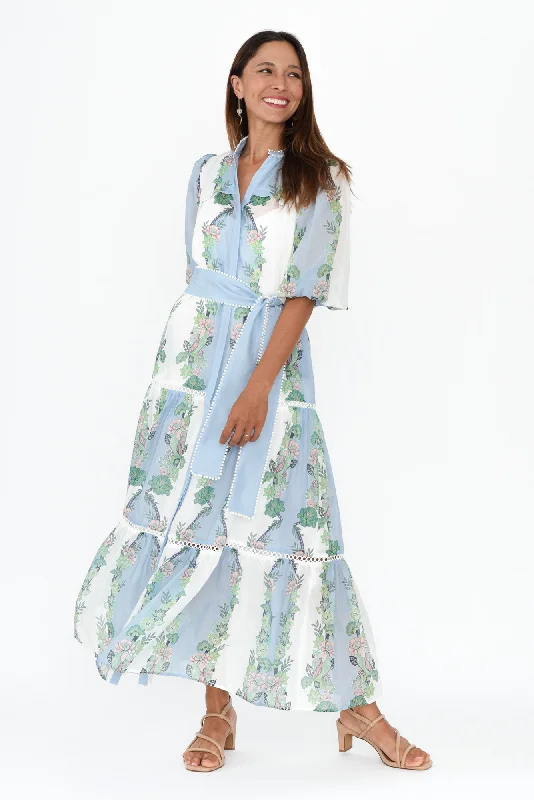 Midi dresses with sheer panels for a touch of allure Kaylani Blue Paradise Cotton Silk Dress