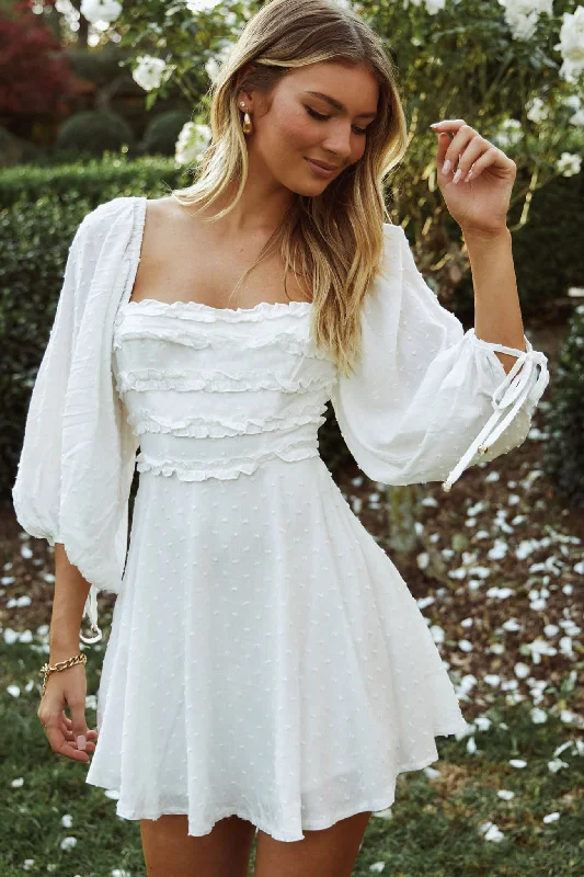 Polyester mini dresses for easy care Illia Three-Quarter Balloon Sleeve Frill Bodice Dress White