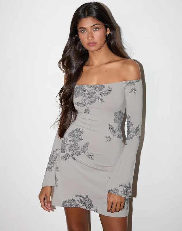 Mini dresses with pom - pom trims for a playful feel Kausar Off Shoulder Mini Dress in Lace Flower Grey Mini dresses with pom - pom trims for a playful feel Kausar Off Shoulder Mini Dress in Lace Flower Grey