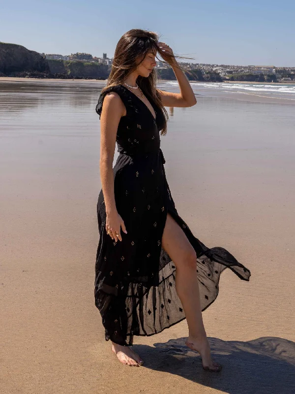 Midi dresses with off - the - shoulder necklines for a flirty look South Beach Lagos Sequin Wrap Midi Beach Dress / Black