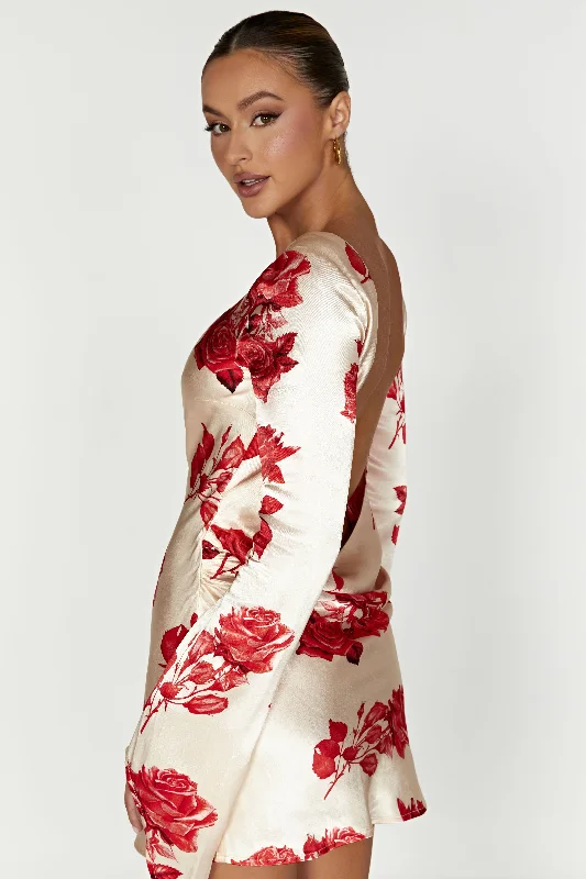 Polyester mini dresses for easy care Davina Satin Long Sleeve Mini Dress - Rose Print Polyester mini dresses for easy care Davina Satin Long Sleeve Mini Dress - Rose Print