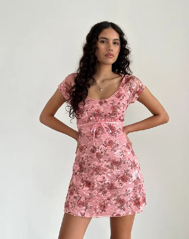 Mini dresses with polka dot patterns Prinsa Dress in Pink Lace Floral Bloom
