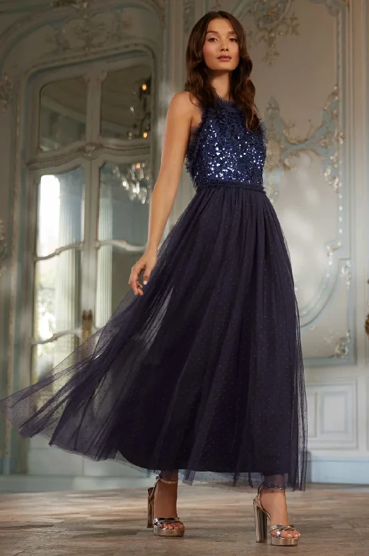 A - line midi dresses with floral prints for spring brunches Sequin Wreath Bodice Halter Neck Ankle Gown A - line midi dresses with floral prints for spring brunches Sequin Wreath Bodice Halter Neck Ankle Gown