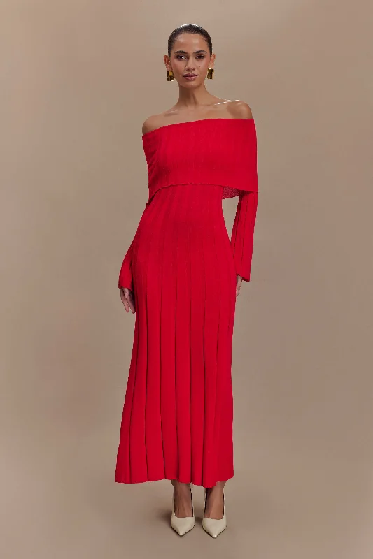 Sleeveless midi dresses with lace details for summer weddings Alonza Long Sleeve Knit Midi Dress - Red