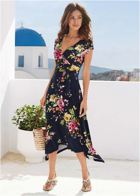 Midi dresses with abstract art prints for an artistic statement Floral Printed Dress - Navy Multi