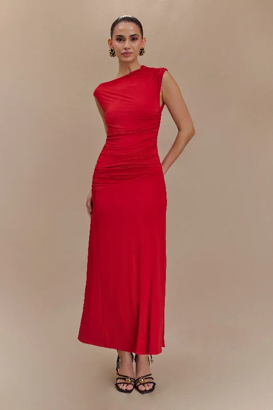 Midi dresses with puff sleeves for a vintage - inspired look Navanna Asymmetric Slinky Midi Dress - Red