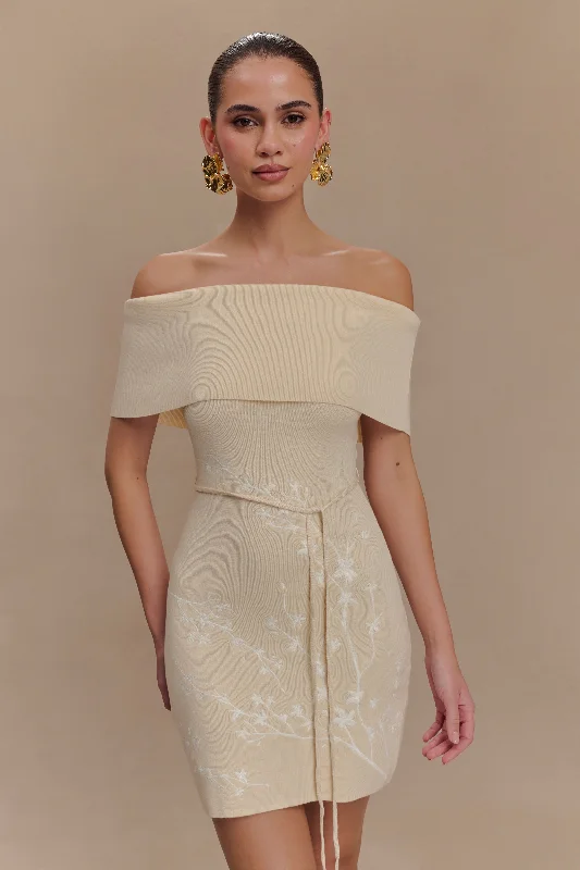 Mini dresses with asymmetric hems for a fashion - forward look Mallory Off Shoulder Embroidered Knit Mini Dress - Cream And Ivory Mini dresses with asymmetric hems for a fashion - forward look Mallory Off Shoulder Embroidered Knit Mini Dress - Cream And Ivory