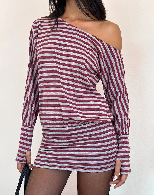 Mini dresses with ribbed textures for a unique appearance Zylina Mini Dress in Burgundy and Grey Classic Stripe