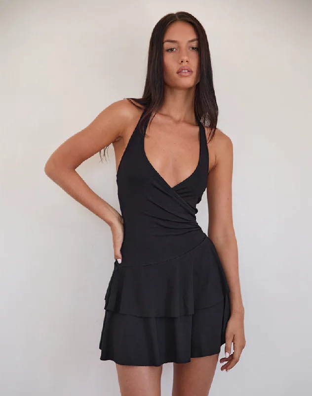 Mini dresses with high - low hems for a modern twist Semary Plunge Wrap Mini Dress in Black