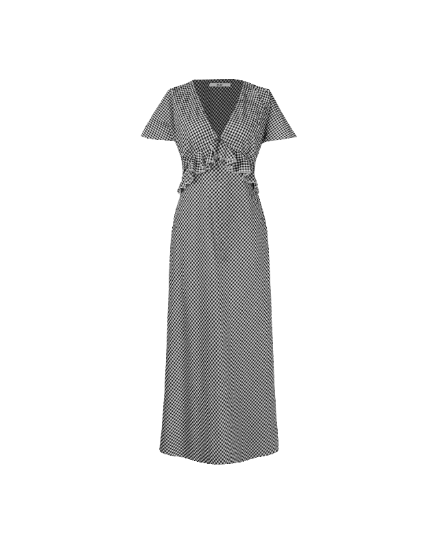 Midi dresses with one - shoulder designs for a modern and asymmetric style PETAL RUFFLE MIDI DRESS BLACK GINGHAM Midi dresses with one - shoulder designs for a modern and asymmetric style PETAL RUFFLE MIDI DRESS BLACK GINGHAM