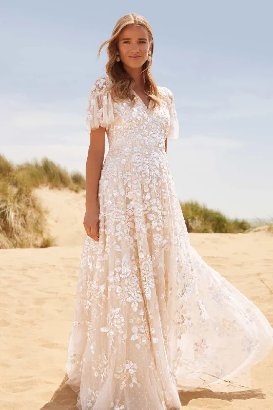 High - low midi dresses with geometric patterns for a modern party Sequin Paradise Short Sleeve Gown