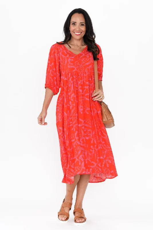 Midi dresses with tassel accents for a bohemian and free - spirited style Pansy Red Abstract Pocket Dress Midi dresses with tassel accents for a bohemian and free - spirited style Pansy Red Abstract Pocket Dress