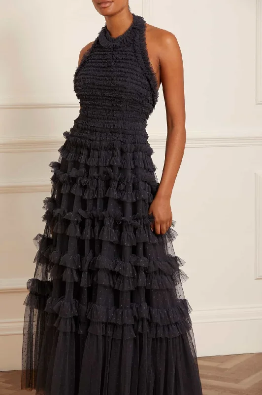 Midi dresses with pom - pom trims for a playful and festive look Lisette Ruffle Halter Neck Gown Midi dresses with pom - pom trims for a playful and festive look Lisette Ruffle Halter Neck Gown