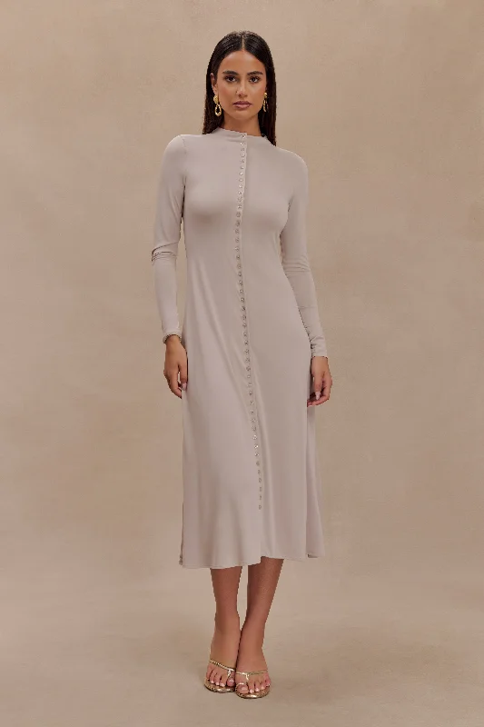 Wrap - style midi dresses in silk for a sophisticated office look Anders Peached Jersey Midi Dress - Taupe