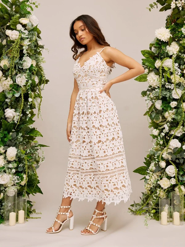 Sheath midi dresses with beaded embellishments for a formal occasion Lace Strappy Midi Bridal Dress / White