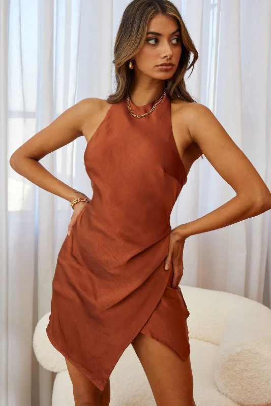 Mini dresses with wrap - around styles Sonoma Halterneck Faux Wrap Twist Back Mini Dress Chocolate Mini dresses with wrap - around styles Sonoma Halterneck Faux Wrap Twist Back Mini Dress Chocolate