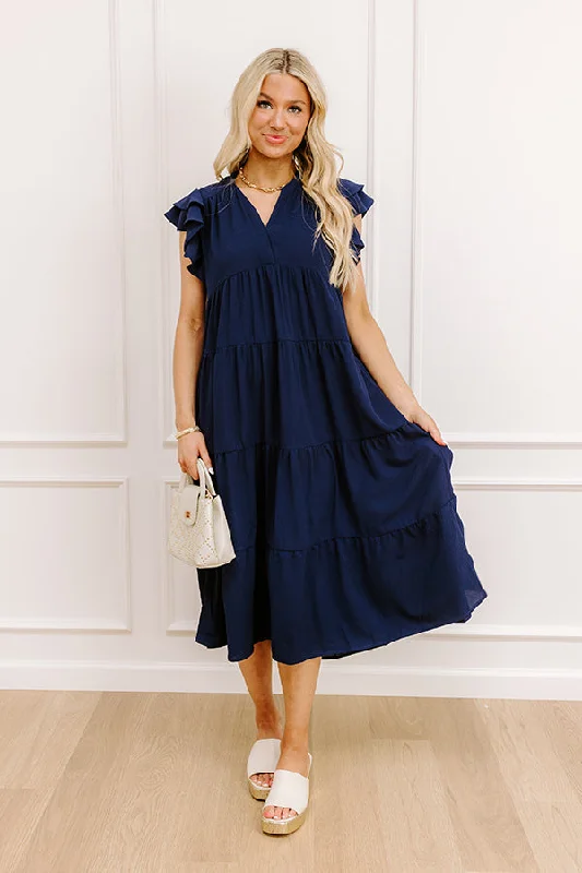 Midi dresses with animal prints for a bold and confident appearance Sunny Spritzer Tiered Midi Dress in Navy