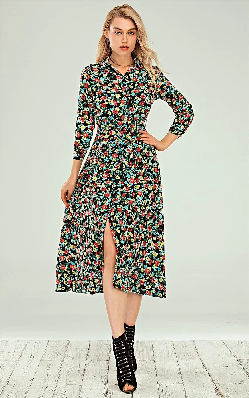 Midi dresses with pleated bodices for a classic and tailored look Hemdblusenkleid in Schwarz & Rot Blau Gelb Ditsy Blumendruck Midi dresses with pleated bodices for a classic and tailored look Hemdblusenkleid in Schwarz & Rot Blau Gelb Ditsy Blumendruck
