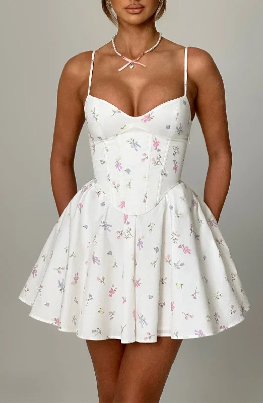 Mini dresses with gathered skirts for a voluminous effect Analeigh Mini Dress - White Multi Floral Print