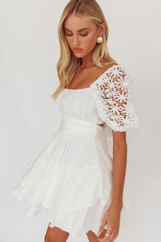 Strapless mini dresses for a beach vacation Abby Lace Puff Sleeve Tie-Up Back Dress White