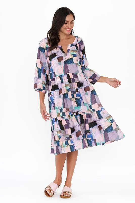 Midi dresses with pleated bodices for a classic and tailored look Irene Purple Abstract Cotton Blend Dress