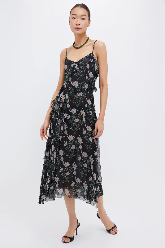 Midi dresses with mesh inserts for a trendy and breathable option Black Elizabeth Print Midi Tiered Dress