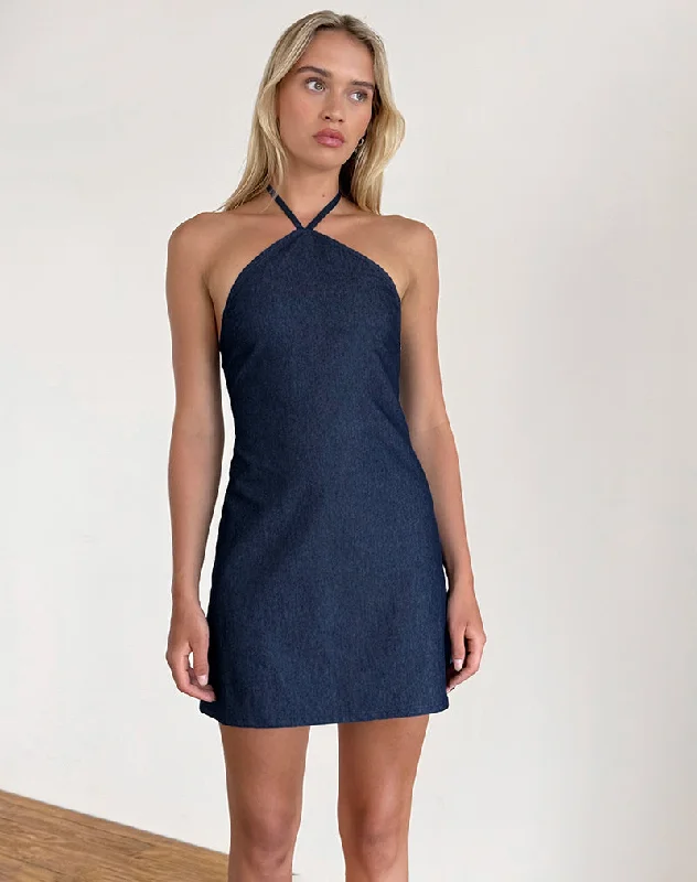 Mini dresses with wrap - around styles Belinda Halterneck Mini Dress in Denim Chambray Indigo