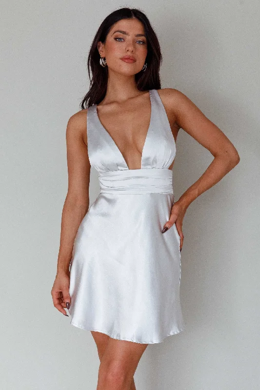 Sheer mini dresses with lace inserts Mad About You Criss-Cross Back Mini Dress Silver