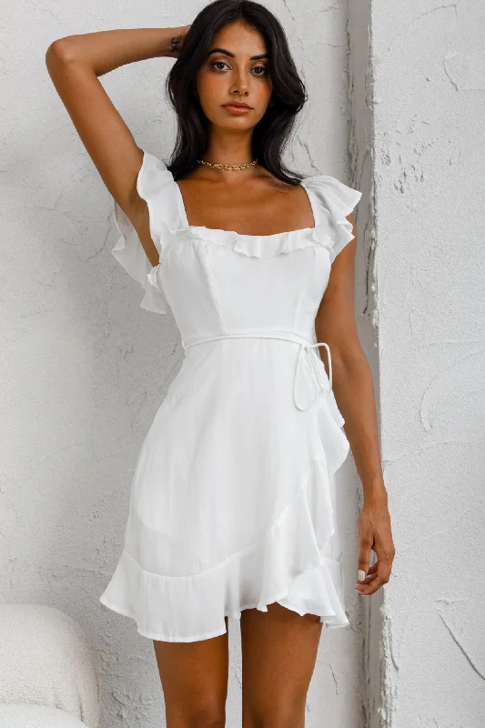 Mini dresses with tiered skirts for added volume Thinkin' Bout You Ruffle Trim Waist-Tie Dress White Mini dresses with tiered skirts for added volume Thinkin' Bout You Ruffle Trim Waist-Tie Dress White