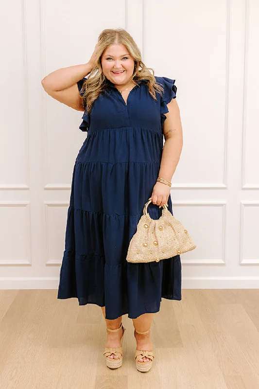 Midi dresses with gathered skirts for a full and flowing silhouette Sunny Spritzer Tiered Midi Dress in Navy Curves
