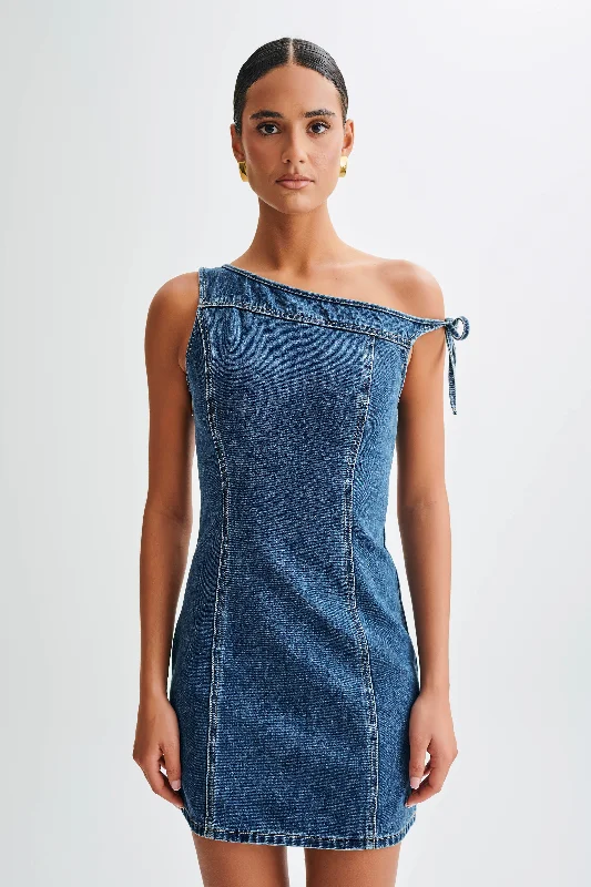 Floral print mini dresses for summer parties Baker Off Shoulder Denim Mini Dress - Dark Blue