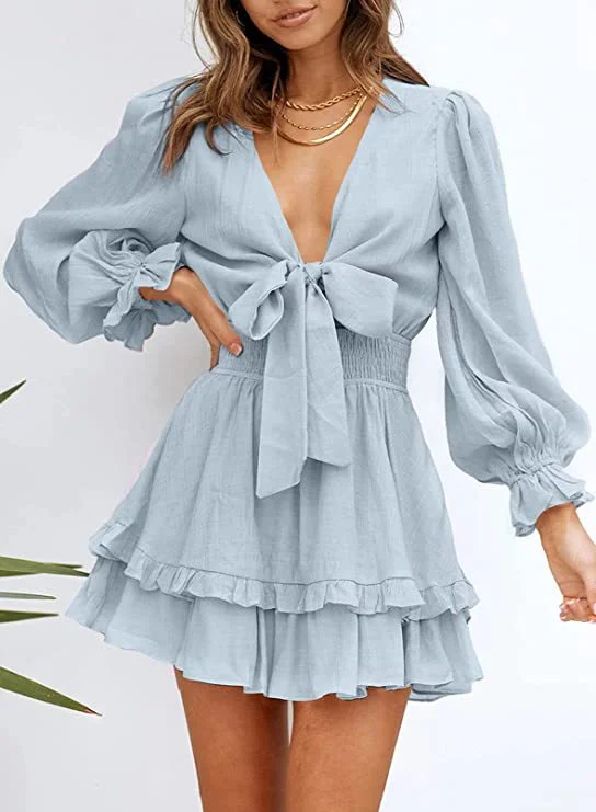 Mini dresses with tassel accents for a fun touch Krueger Textured Ruffle Dress - Powder Blue