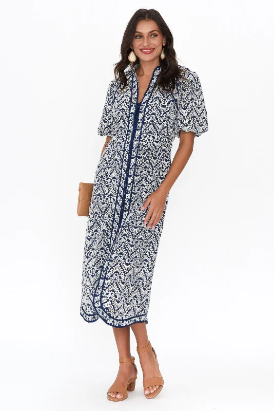 Midi dresses with off - the - shoulder necklines for a flirty look Delphine Navy Embroidered Cotton Tie Dress