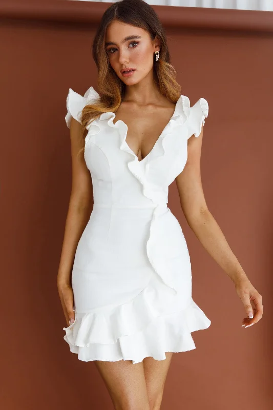 Mini dresses with high - low hems for a modern twist Jojo Ruffle Shoulder Low Back Dress White Mini dresses with high - low hems for a modern twist Jojo Ruffle Shoulder Low Back Dress White