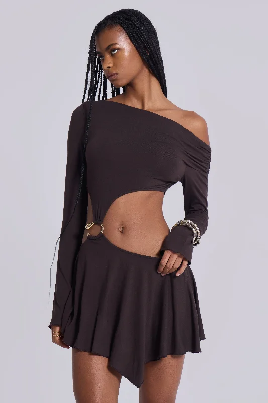 Mini dresses with cut - out details for a trendy look Dera Asymmetric Cut Out Mini Dress in Brown