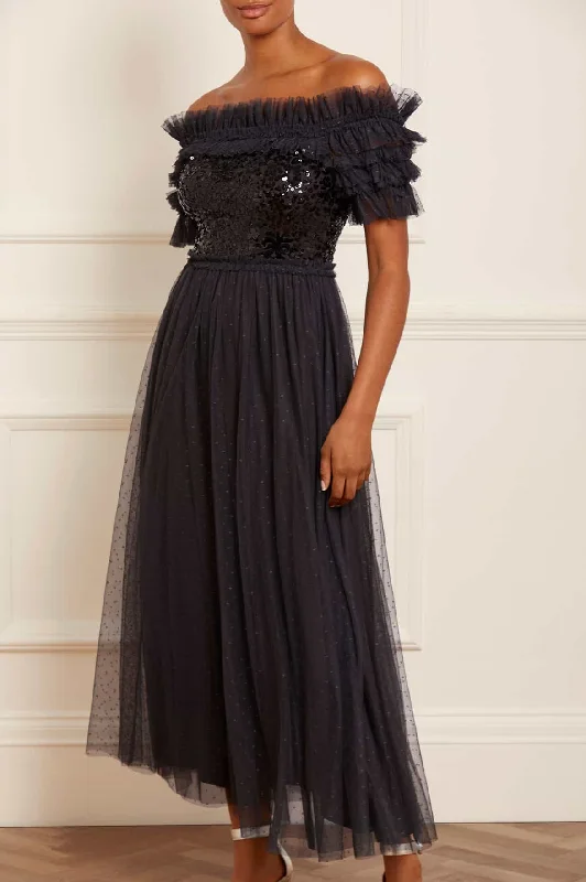 Plaid midi dresses for a fall - themed family gathering Sequin Wreath Bodice Off-Shoulder Ankle Gown Plaid midi dresses for a fall - themed family gathering Sequin Wreath Bodice Off-Shoulder Ankle Gown