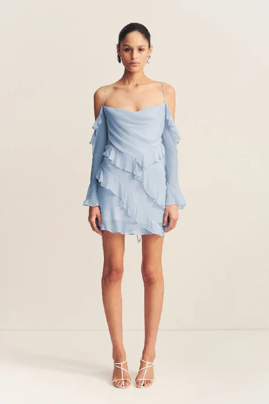 Mini dresses with embroidered details for a unique touch LAYLA LONG SLEEVE RUFFLE MINI DRESS - SKY Mini dresses with embroidered details for a unique touch LAYLA LONG SLEEVE RUFFLE MINI DRESS - SKY