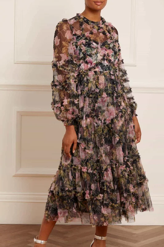 Midi dresses with button - down skirts for a unique and functional design English Rose Diamond Ruffle Ballerina Dress