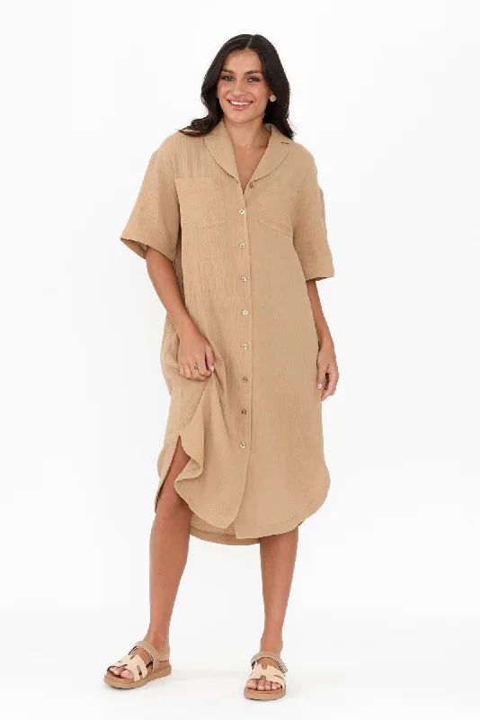 Midi dresses with cold - shoulder cutouts for a trendy style Tahiti Beige Cotton Cheesecloth Tie Dress Midi dresses with cold - shoulder cutouts for a trendy style Tahiti Beige Cotton Cheesecloth Tie Dress