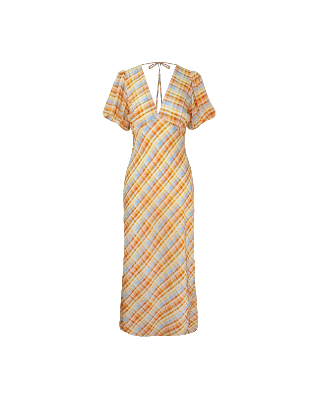 Midi dresses with button - front designs for a classic touch UMA SILK DRESS YELLOW TARTAN Midi dresses with button - front designs for a classic touch UMA SILK DRESS YELLOW TARTAN