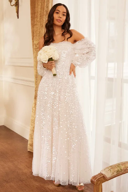 Midi dresses with sheer panels for a touch of allure Confetti Gloss Off-Shoulder Gown Midi dresses with sheer panels for a touch of allure Confetti Gloss Off-Shoulder Gown
