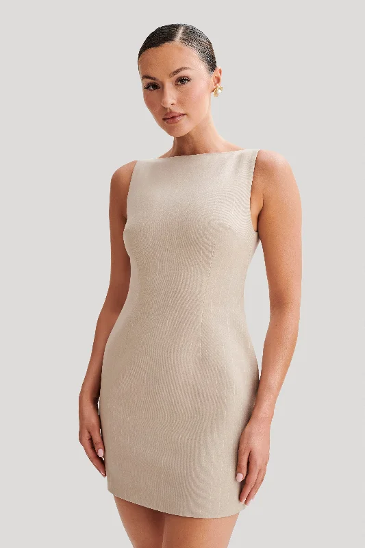Mini dresses with geometric prints for a modern aesthetic Angela Suiting Mini Dress - Taupe Pinstripe